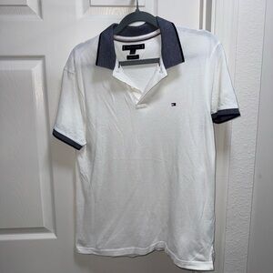 Tommy Hilfiger white linen-cotton polo with navy trim Medium